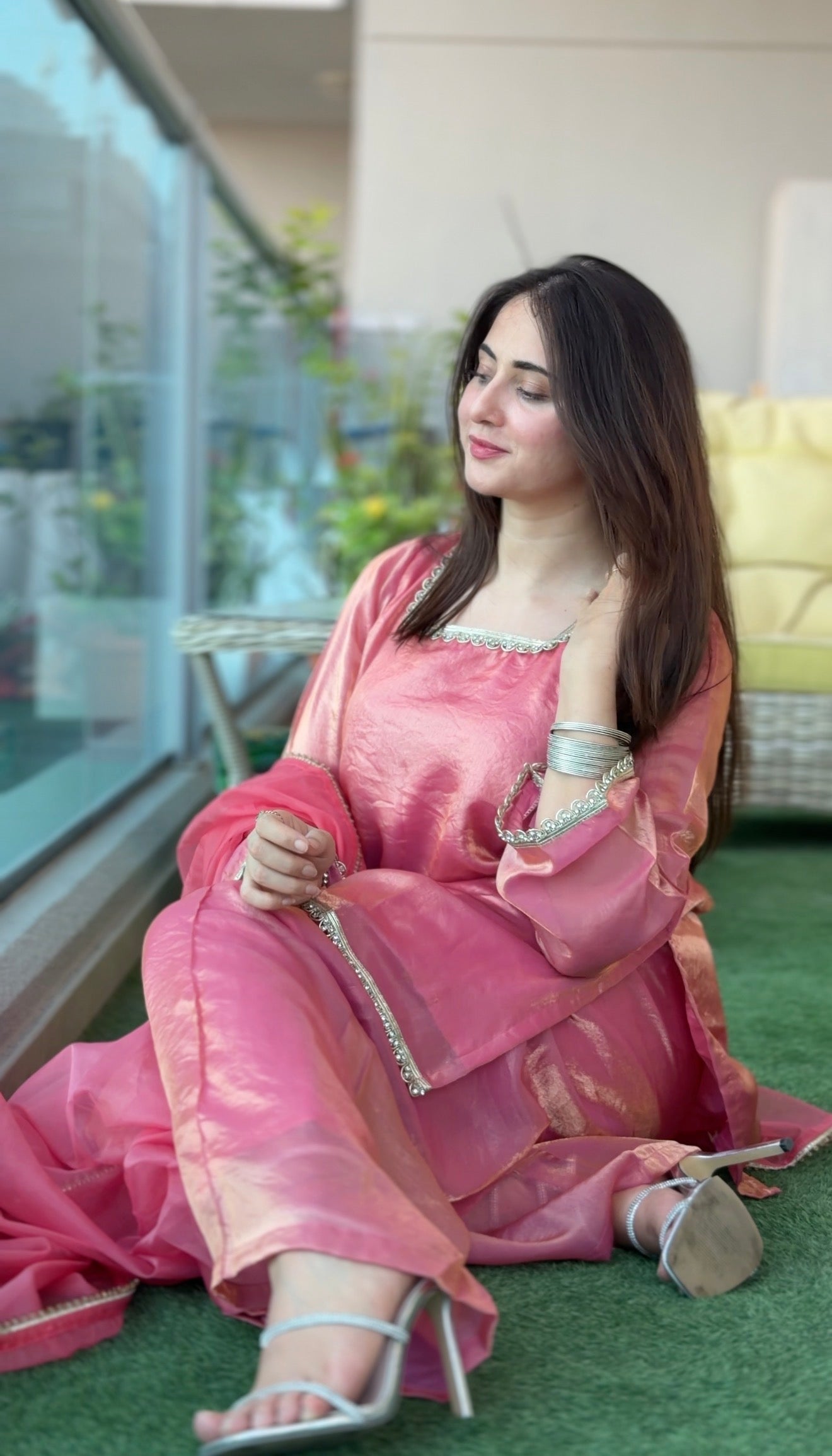 Gulabo 3-Piece Set — Fendi Fabric Short Kameez with Silver Lace Trim, Fendi Sharara & Organza Dupatta | ALBAB'S