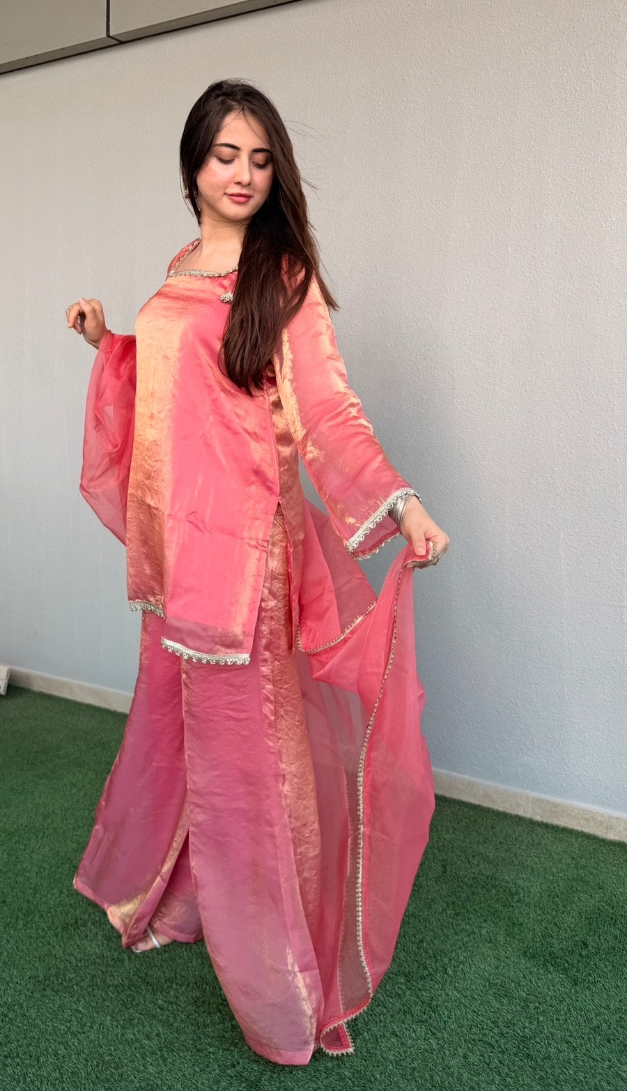 Gulabo 3-Piece Set — Fendi Fabric Short Kameez with Silver Lace Trim, Fendi Sharara & Organza Dupatta | ALBAB'S