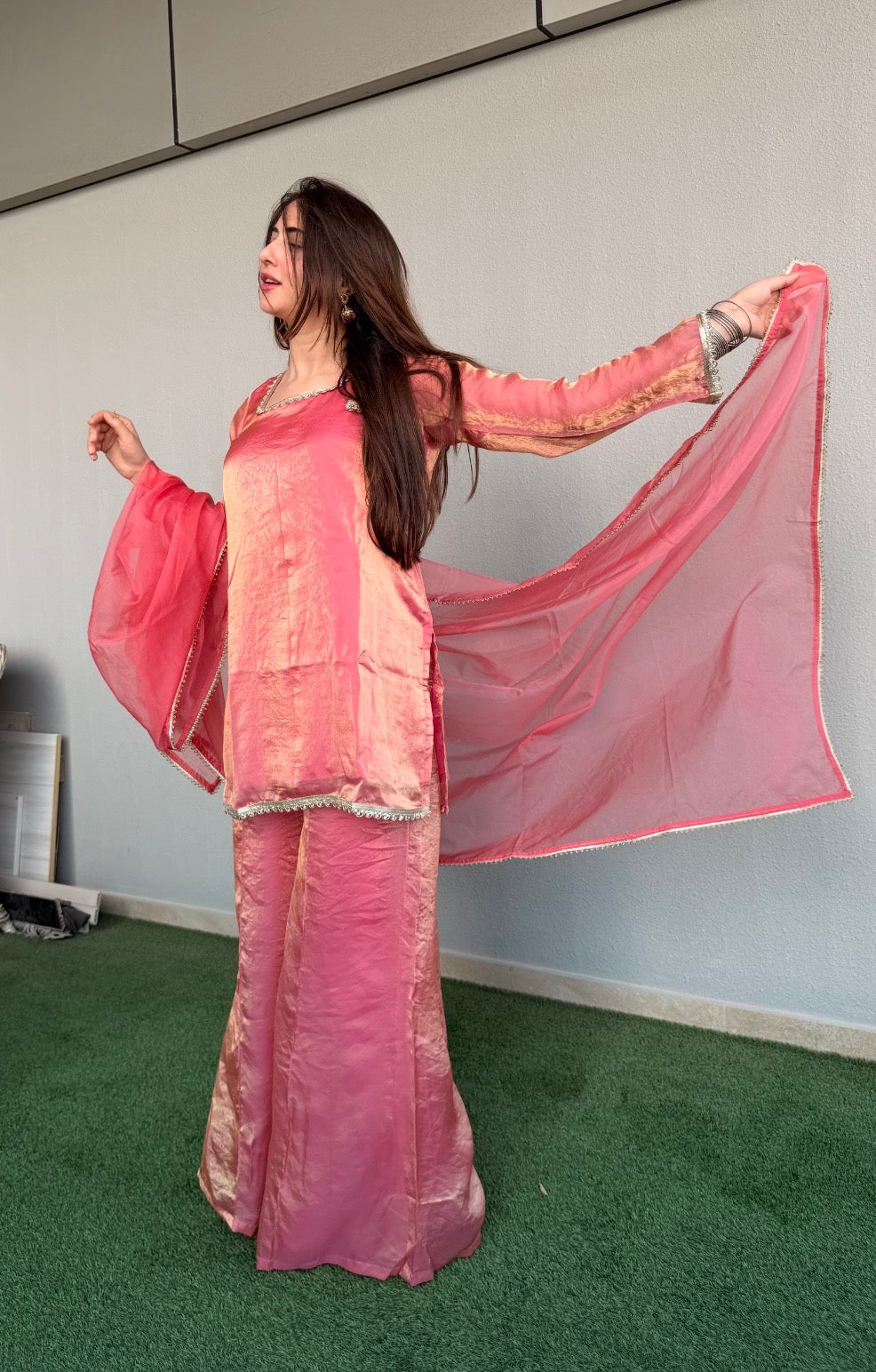 Gulabo 3-Piece Set — Fendi Fabric Short Kameez with Silver Lace Trim, Fendi Sharara & Organza Dupatta | ALBAB'S