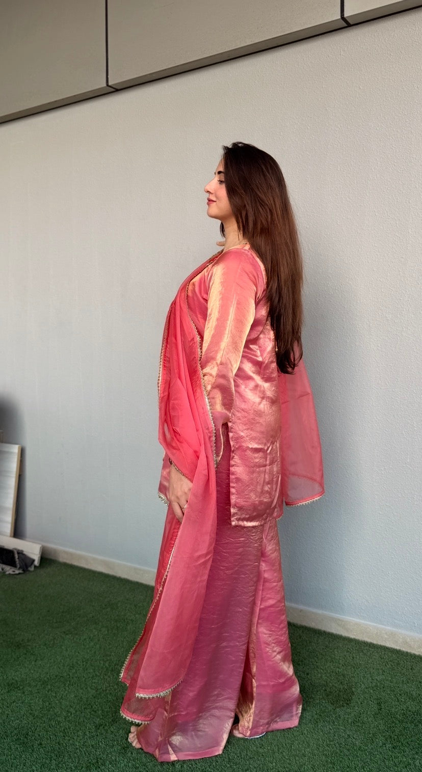 Gulabo 3-Piece Set — Fendi Fabric Short Kameez with Silver Lace Trim, Fendi Sharara & Organza Dupatta | ALBAB'S