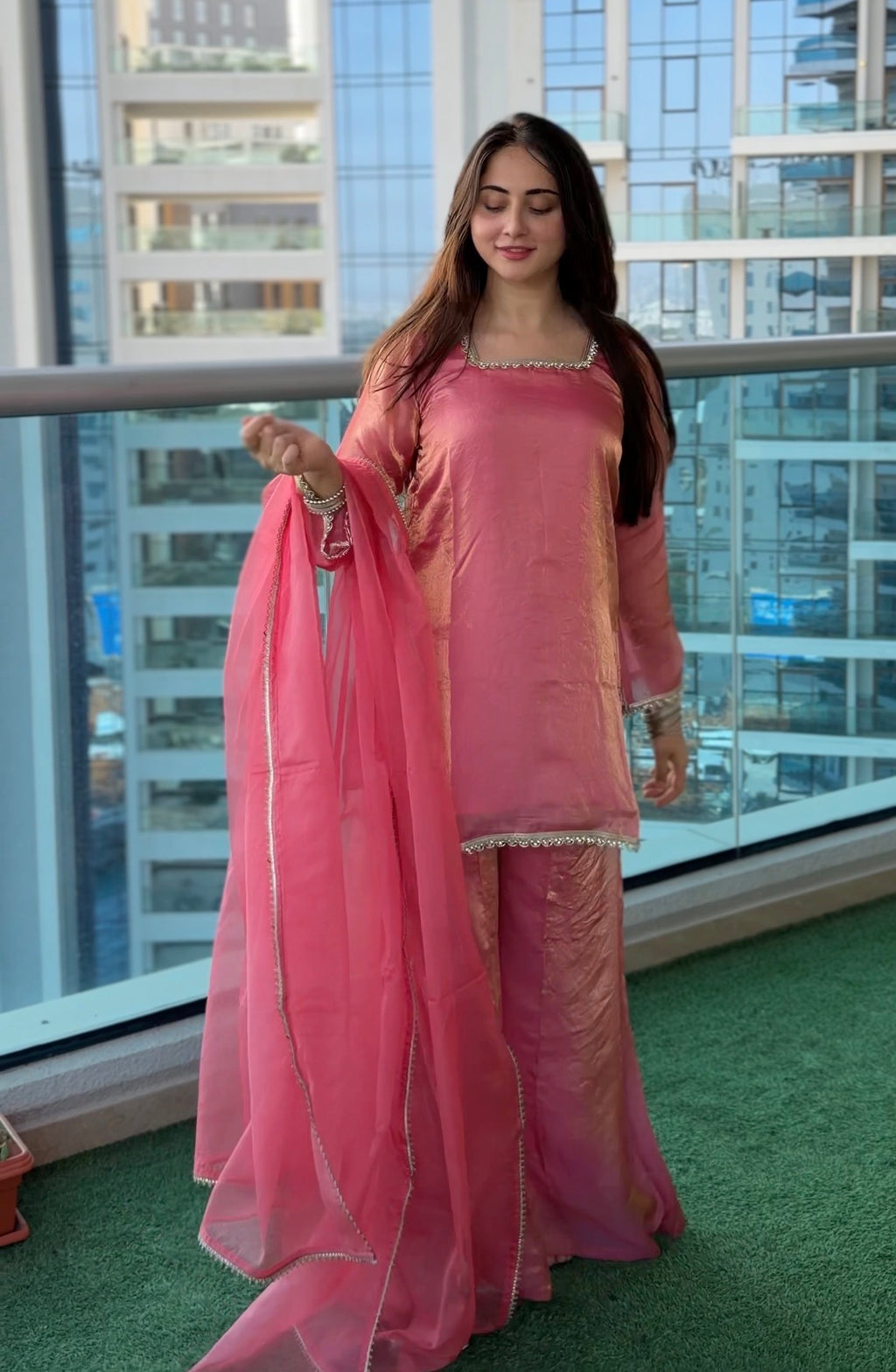 Gulabo 3-Piece Set — Fendi Fabric Short Kameez with Silver Lace Trim, Fendi Sharara & Organza Dupatta | ALBAB'S