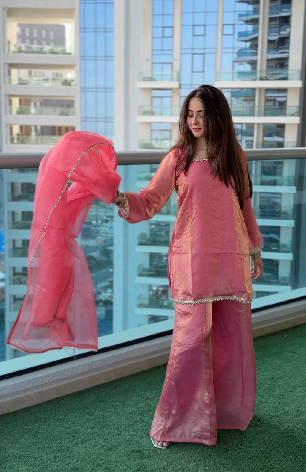 Gulabo 3-Piece Set — Fendi Fabric Short Kameez with Silver Lace Trim, Fendi Sharara & Organza Dupatta | ALBAB'S