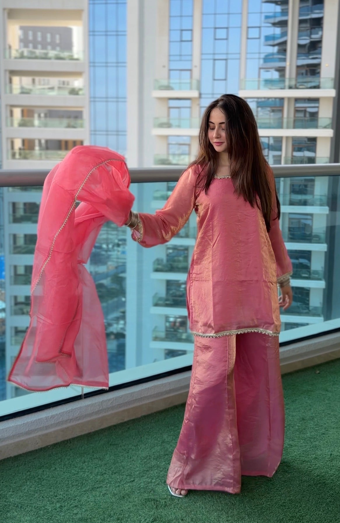 Gulabo 3-Piece Set — Fendi Fabric Short Kameez with Silver Lace Trim, Fendi Sharara & Organza Dupatta | ALBAB'S