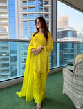 Zard Chikan 3-Piece Suit — Floral Chikankari Kameez with Bell Sleeves, Farshi Shalwar & Organza Dupatta | ALBAB'S