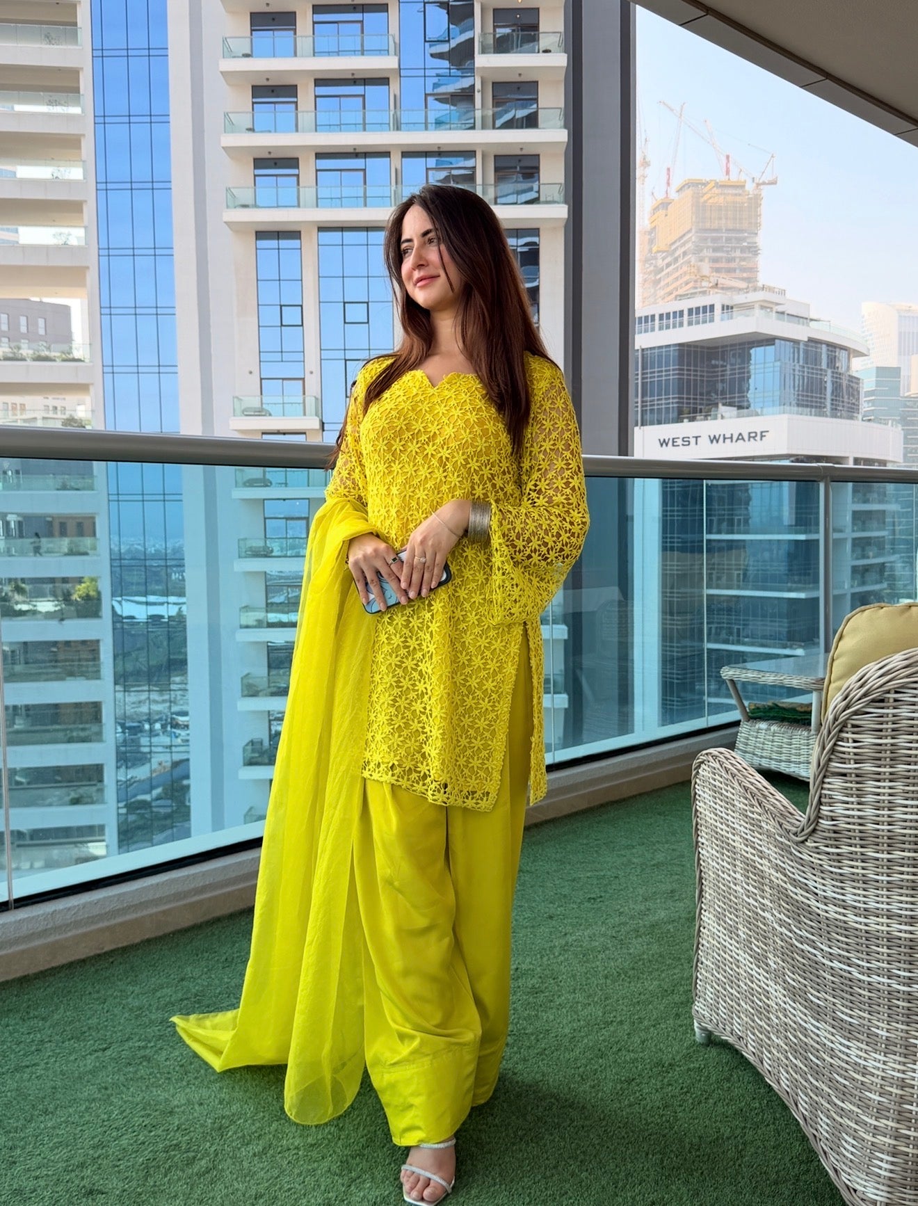 Zard Chikan 3-Piece Suit — Floral Chikankari Kameez with Bell Sleeves, Farshi Shalwar & Organza Dupatta | ALBAB'S