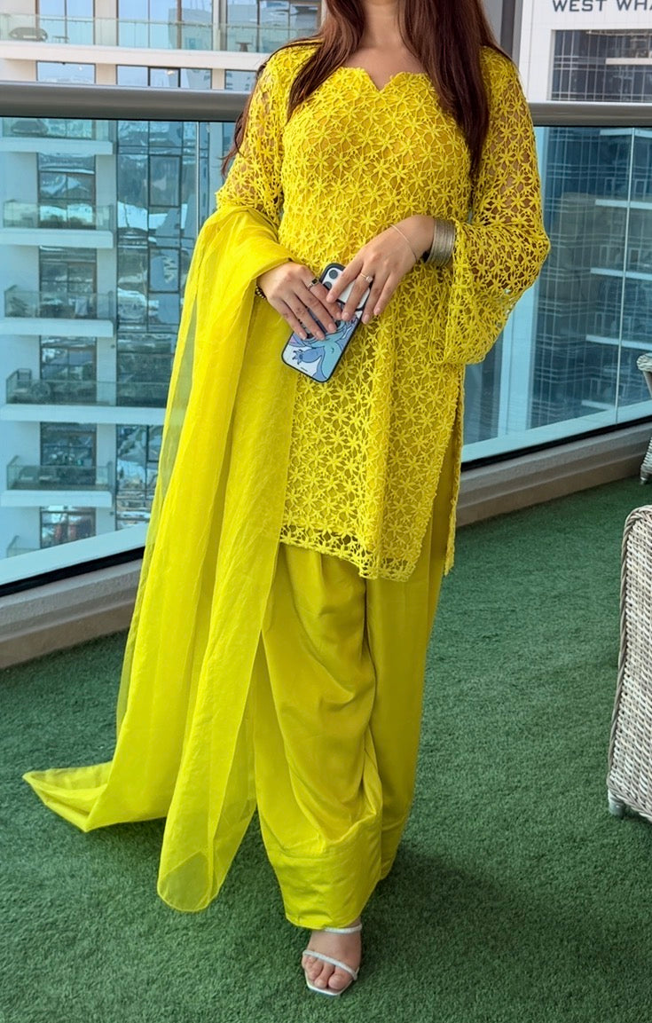 Zard Chikan 3-Piece Suit — Floral Chikankari Kameez with Bell Sleeves, Farshi Shalwar & Organza Dupatta | ALBAB'S