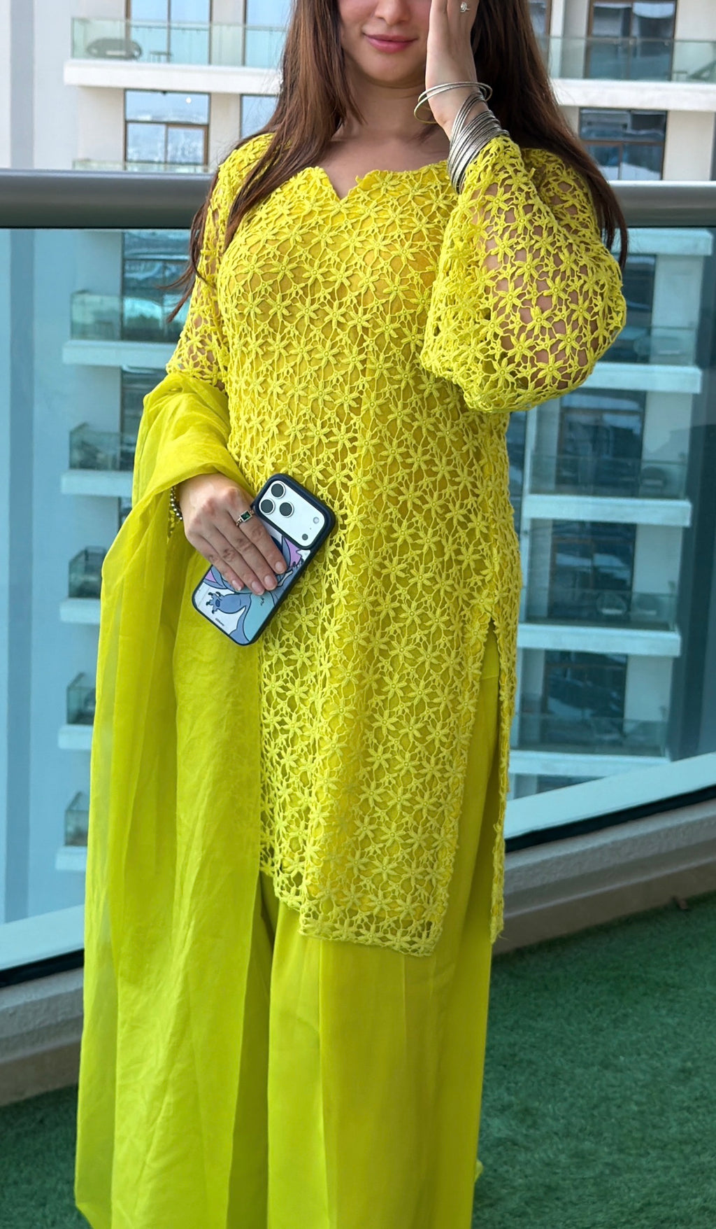 Zard Chikan 3-Piece Suit — Floral Chikankari Kameez with Bell Sleeves, Farshi Shalwar & Organza Dupatta | ALBAB'S