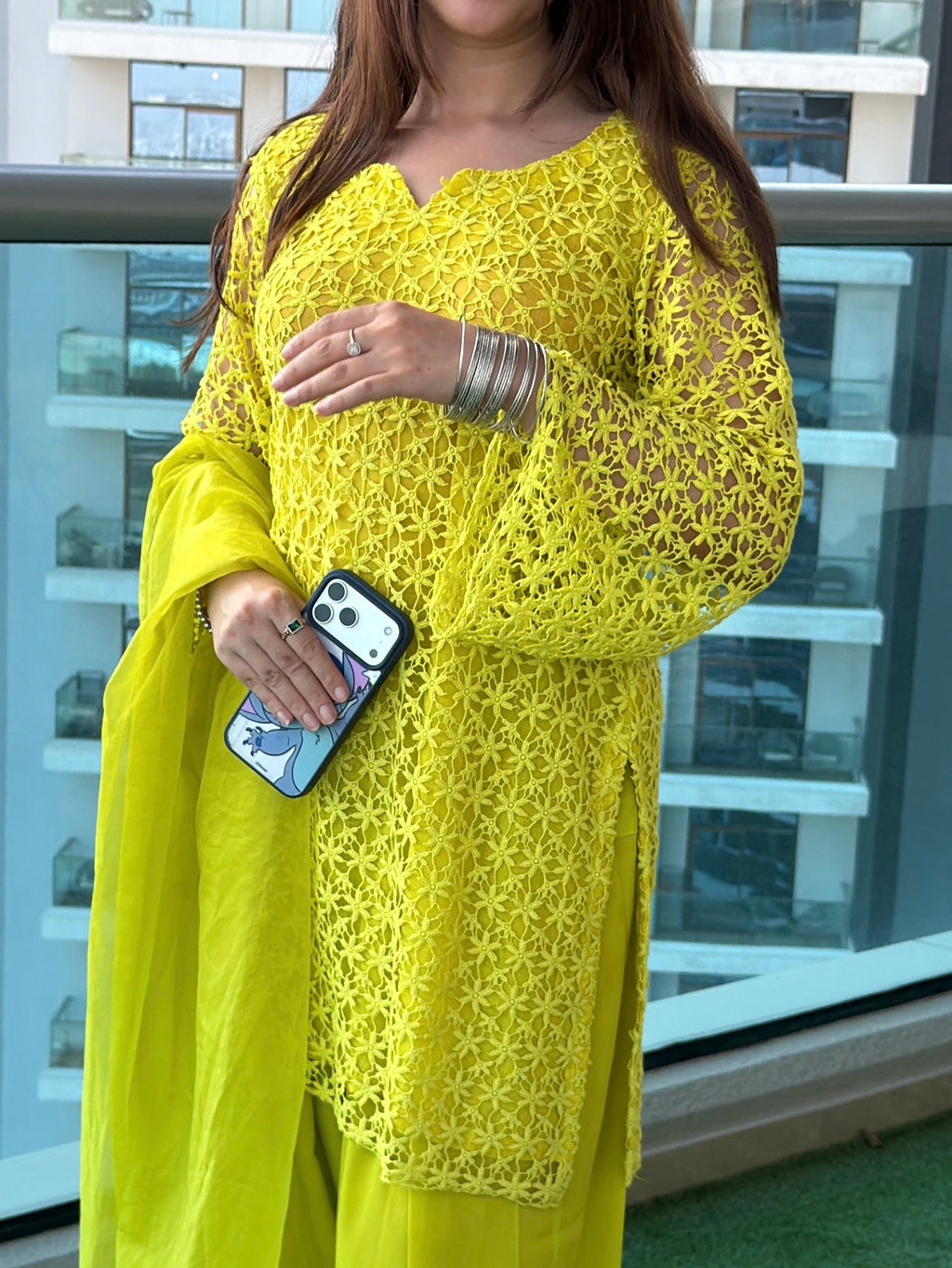 Zard Chikan 3-Piece Suit — Floral Chikankari Kameez with Bell Sleeves, Farshi Shalwar & Organza Dupatta | ALBAB'S