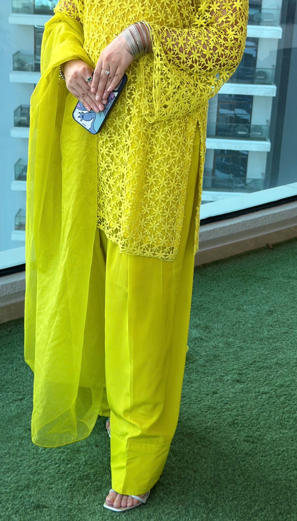 Zard Chikan 3-Piece Suit — Floral Chikankari Kameez with Bell Sleeves, Farshi Shalwar & Organza Dupatta | ALBAB'S