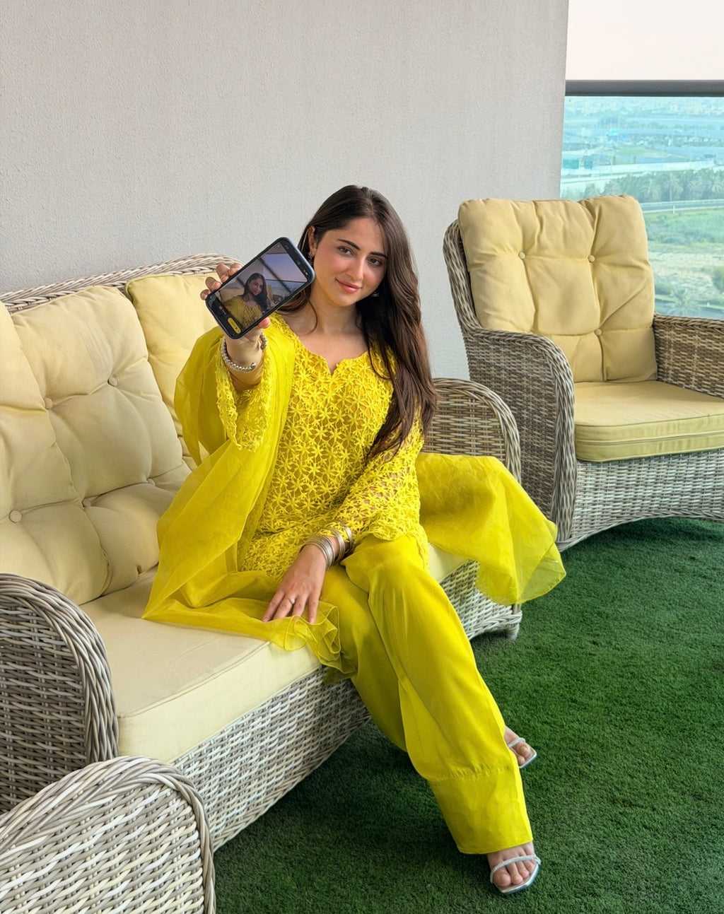 Zard Chikan 3-Piece Suit — Floral Chikankari Kameez with Bell Sleeves, Farshi Shalwar & Organza Dupatta | ALBAB'S
