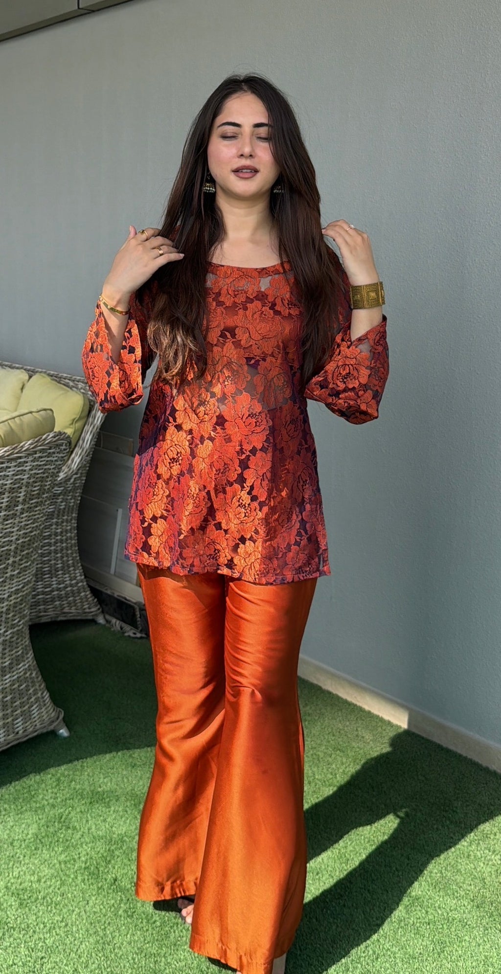 Rust Retro 2-Piece Set — Floral Net Lace Short Kurti with Bell Sleeves & Satin Bell Bottom Flared Trousers | ALBAB'S