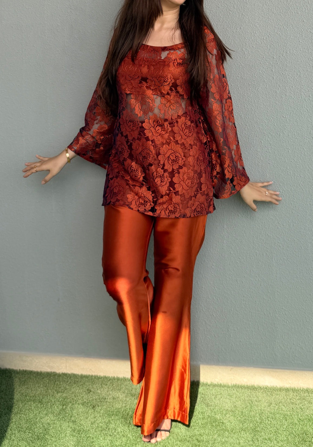 Rust Retro 2-Piece Set — Floral Net Lace Short Kurti with Bell Sleeves & Satin Bell Bottom Flared Trousers | ALBAB'S