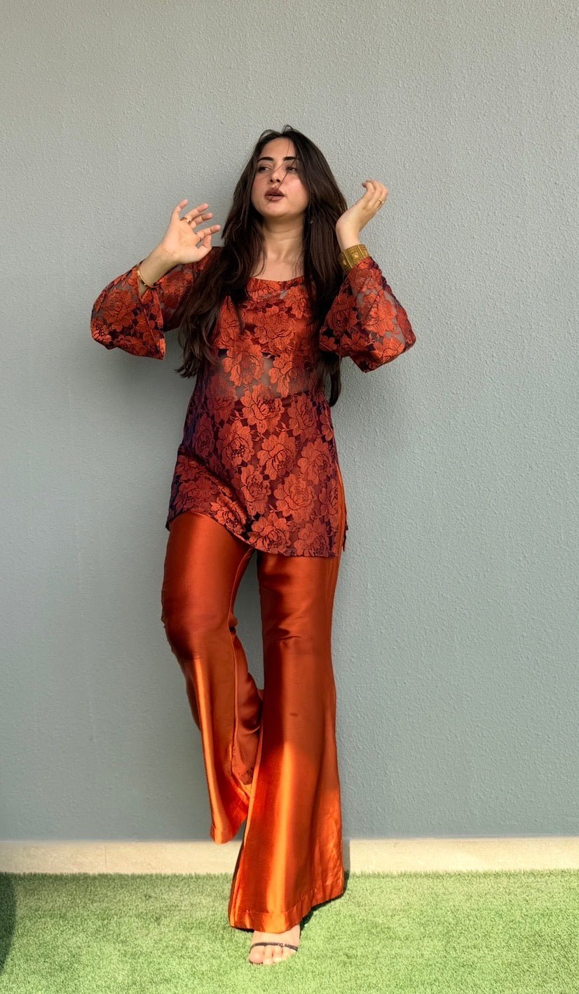 Rust Retro 2-Piece Set — Floral Net Lace Short Kurti with Bell Sleeves & Satin Bell Bottom Flared Trousers | ALBAB'S