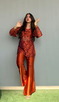 Rust Retro 2-Piece Set — Floral Net Lace Short Kurti with Bell Sleeves & Satin Bell Bottom Flared Trousers | ALBAB'S