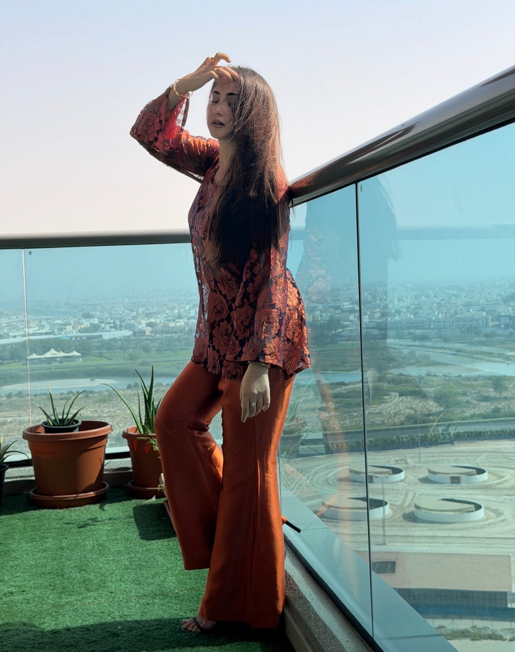 Rust Retro 2-Piece Set — Floral Net Lace Short Kurti with Bell Sleeves & Satin Bell Bottom Flared Trousers | ALBAB'S