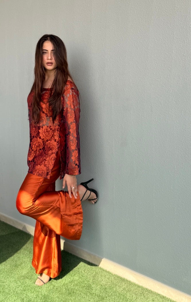 Rust Retro 2-Piece Set — Floral Net Lace Short Kurti with Bell Sleeves & Satin Bell Bottom Flared Trousers | ALBAB'S
