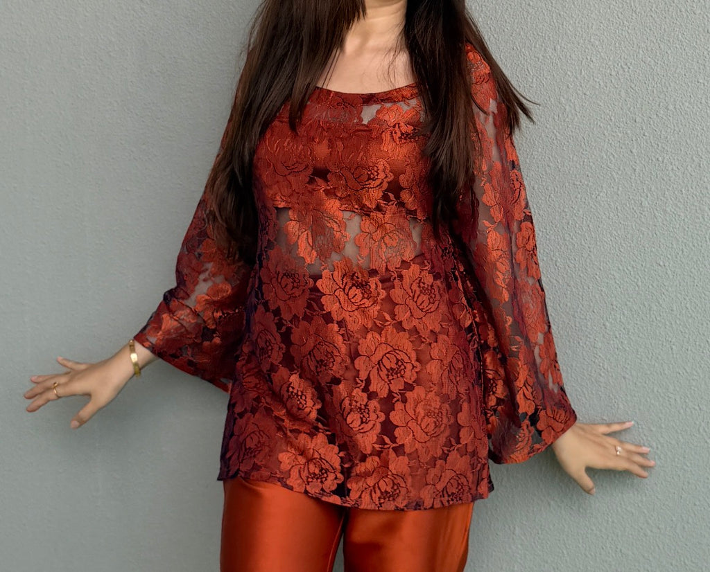Rust Retro 2-Piece Set — Floral Net Lace Short Kurti with Bell Sleeves & Satin Bell Bottom Flared Trousers | ALBAB'S