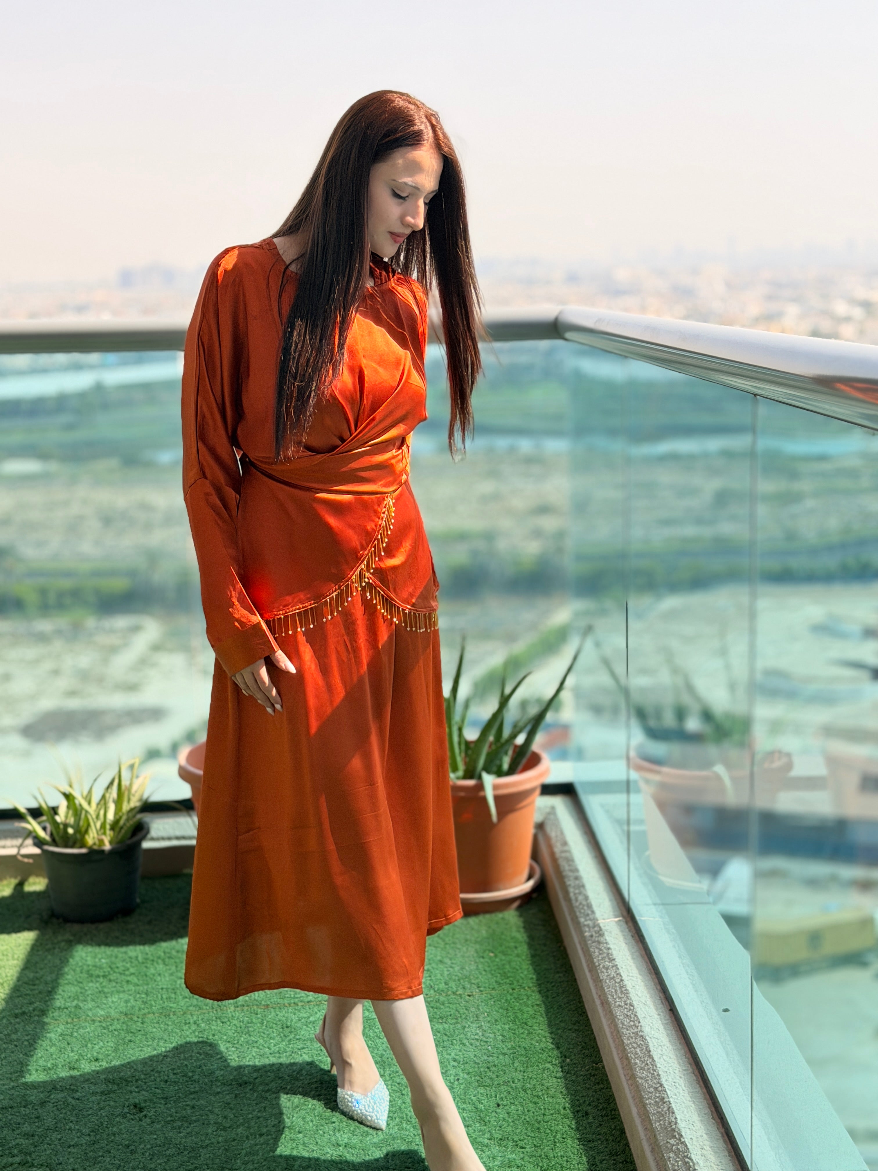 Rust Draped Satin Two-Piece Dress