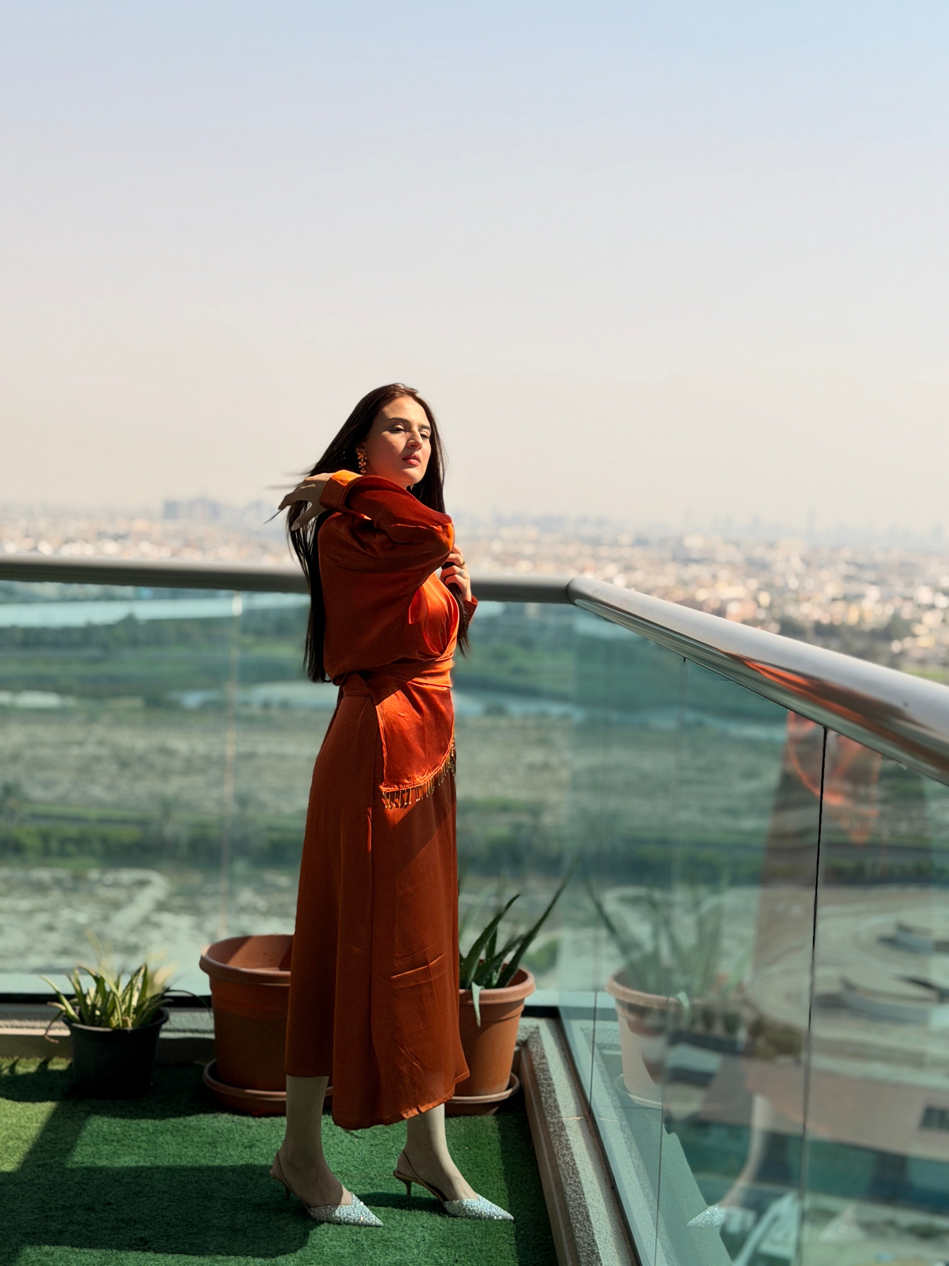 Rust Draped Satin Two-Piece Dress