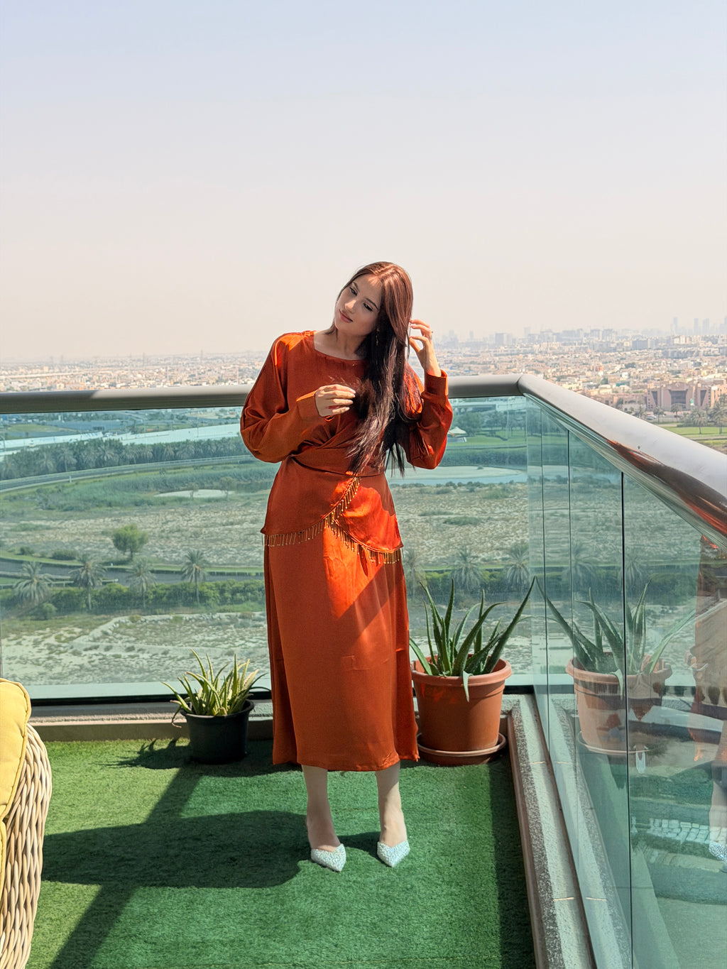 Rust Draped Satin Two-Piece Dress