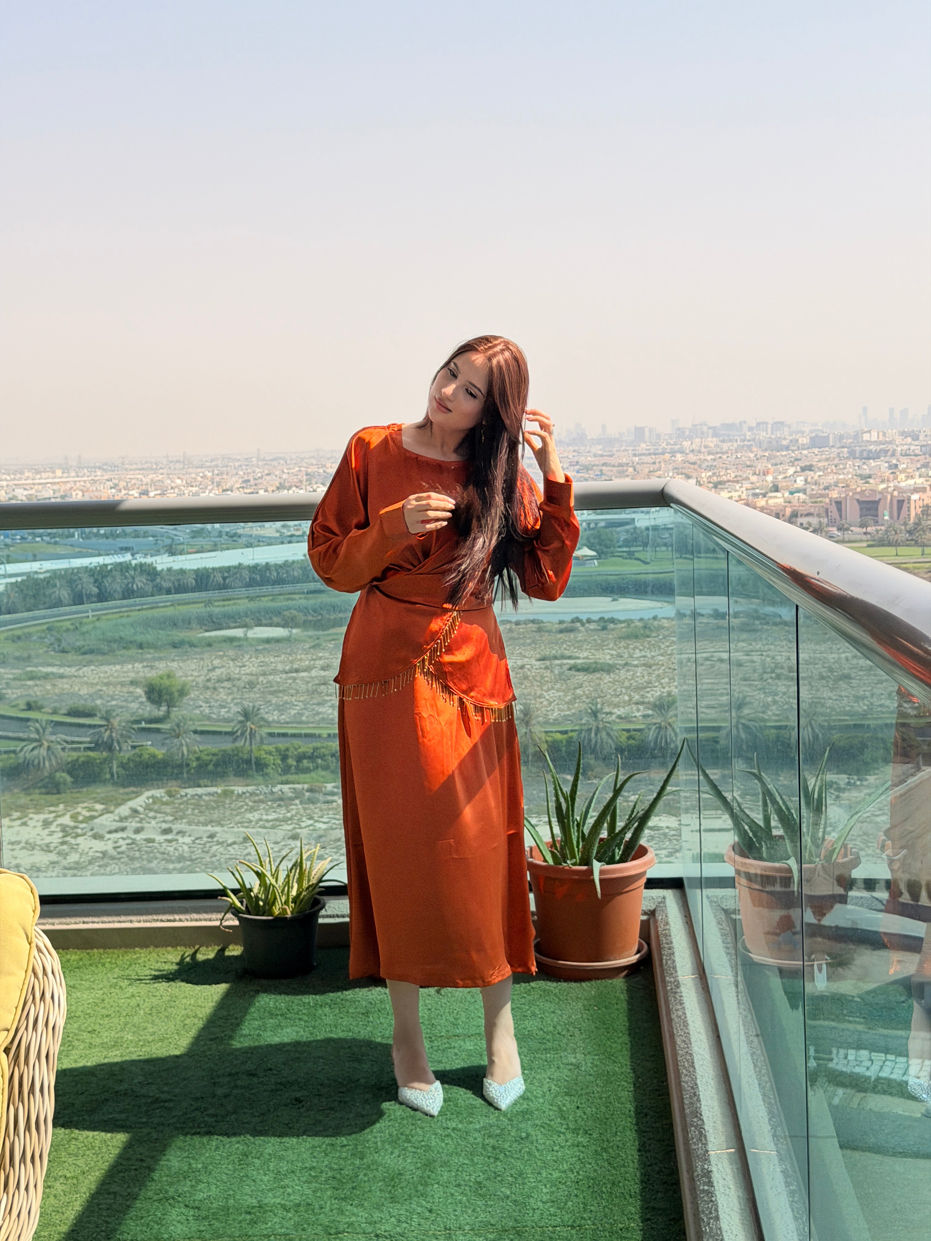 Rust Draped Satin Two-Piece Dress