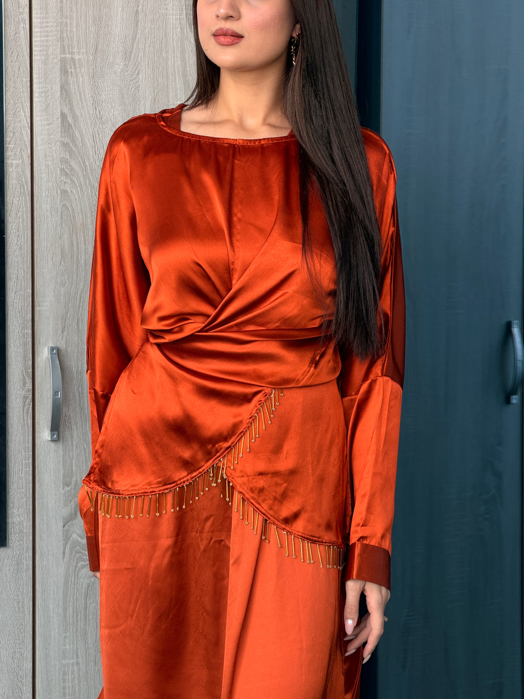 Rust Draped Satin Two-Piece Dress