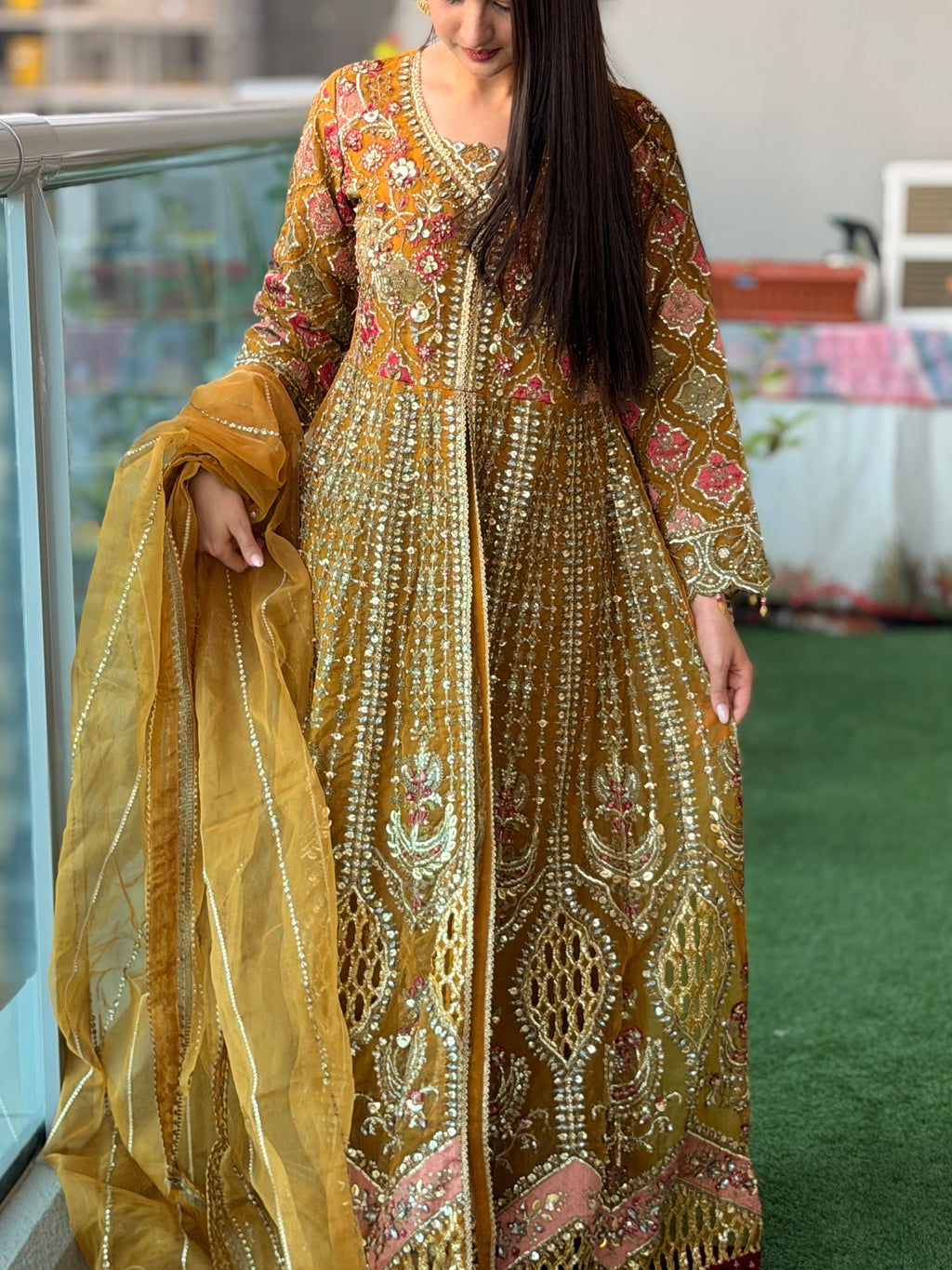 Mustard Gold Heavy Embellished Anarkali