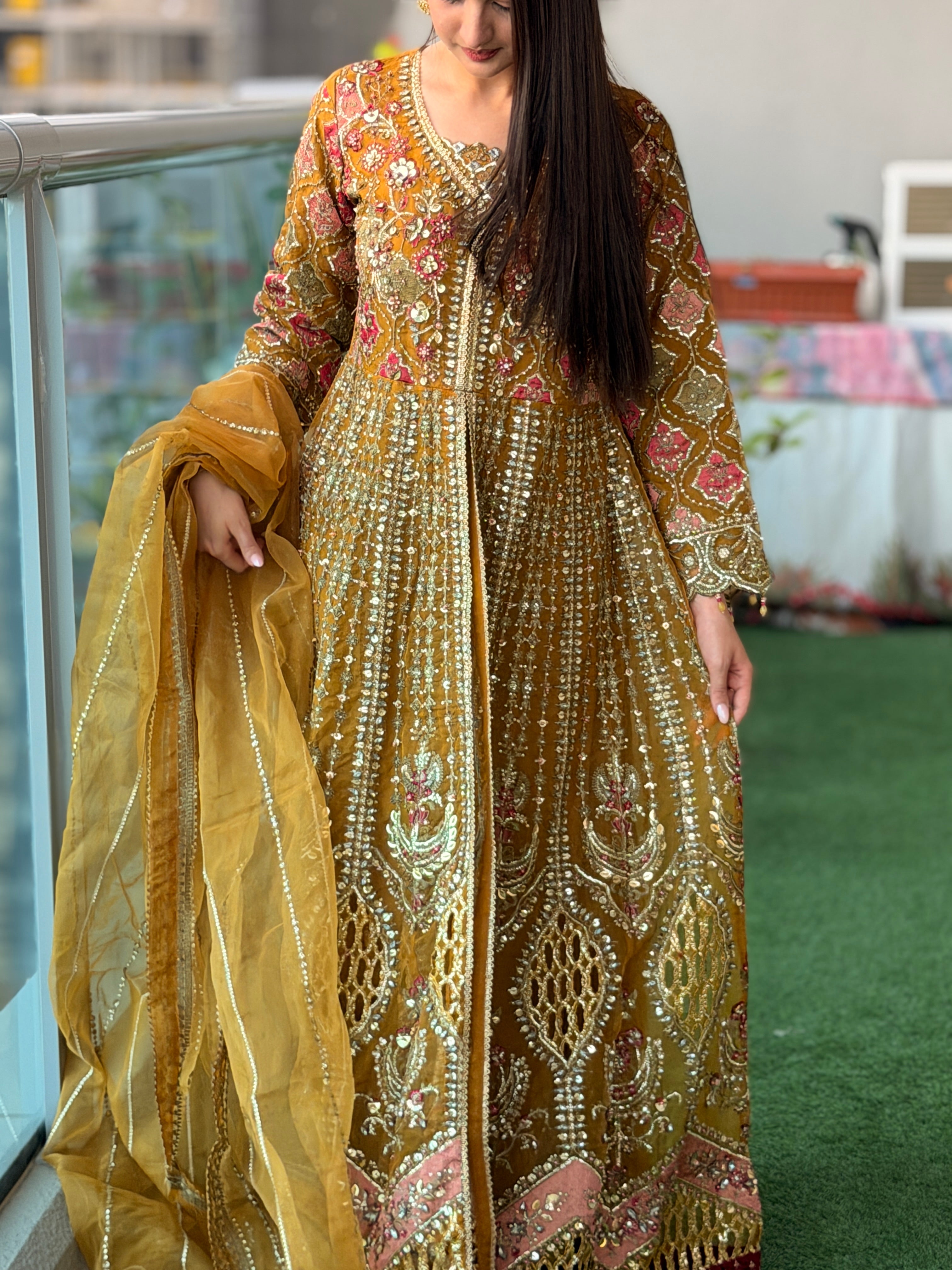 Mustard Gold Heavy Embellished Anarkali