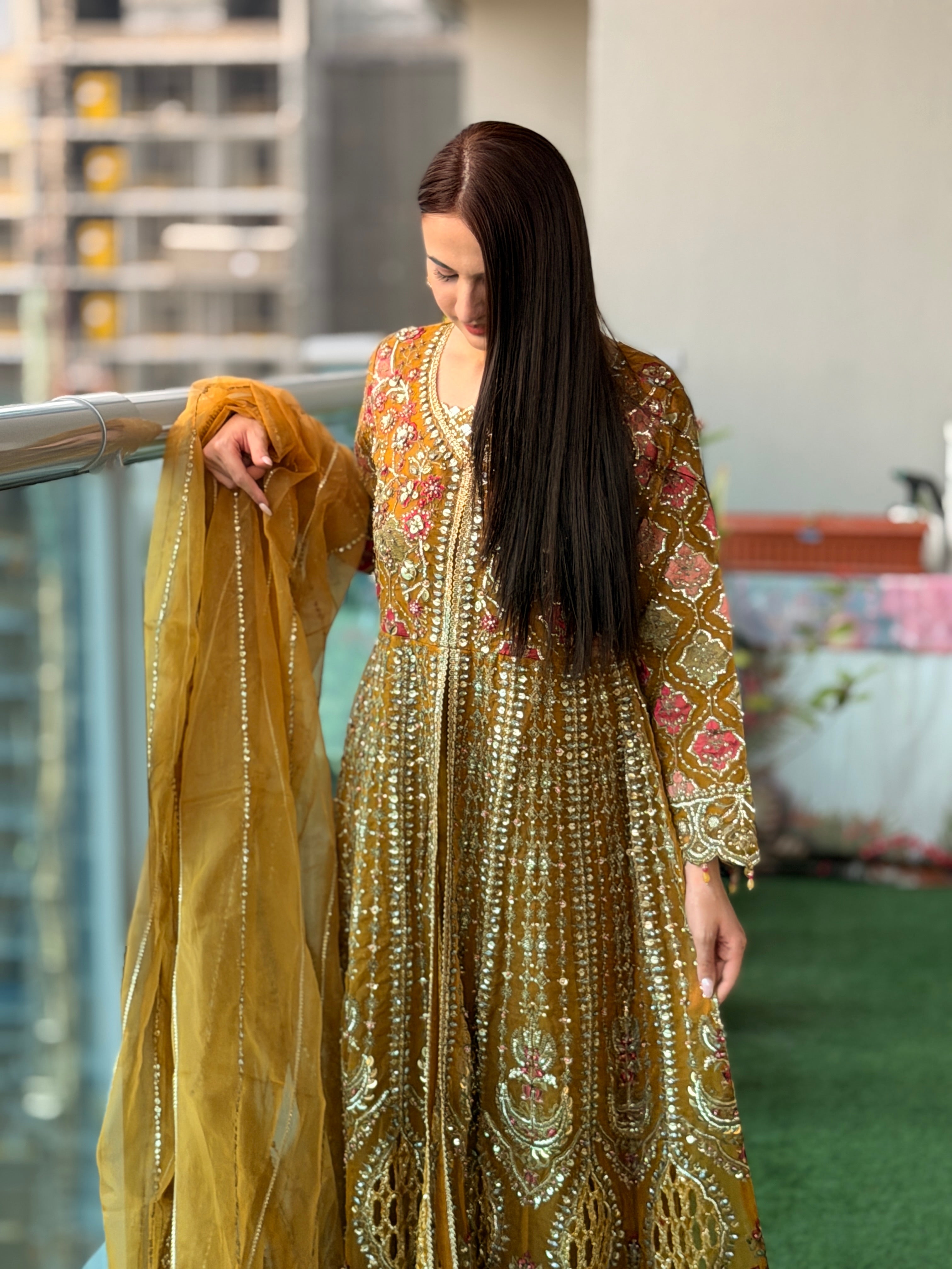 Mustard Gold Heavy Embellished Anarkali