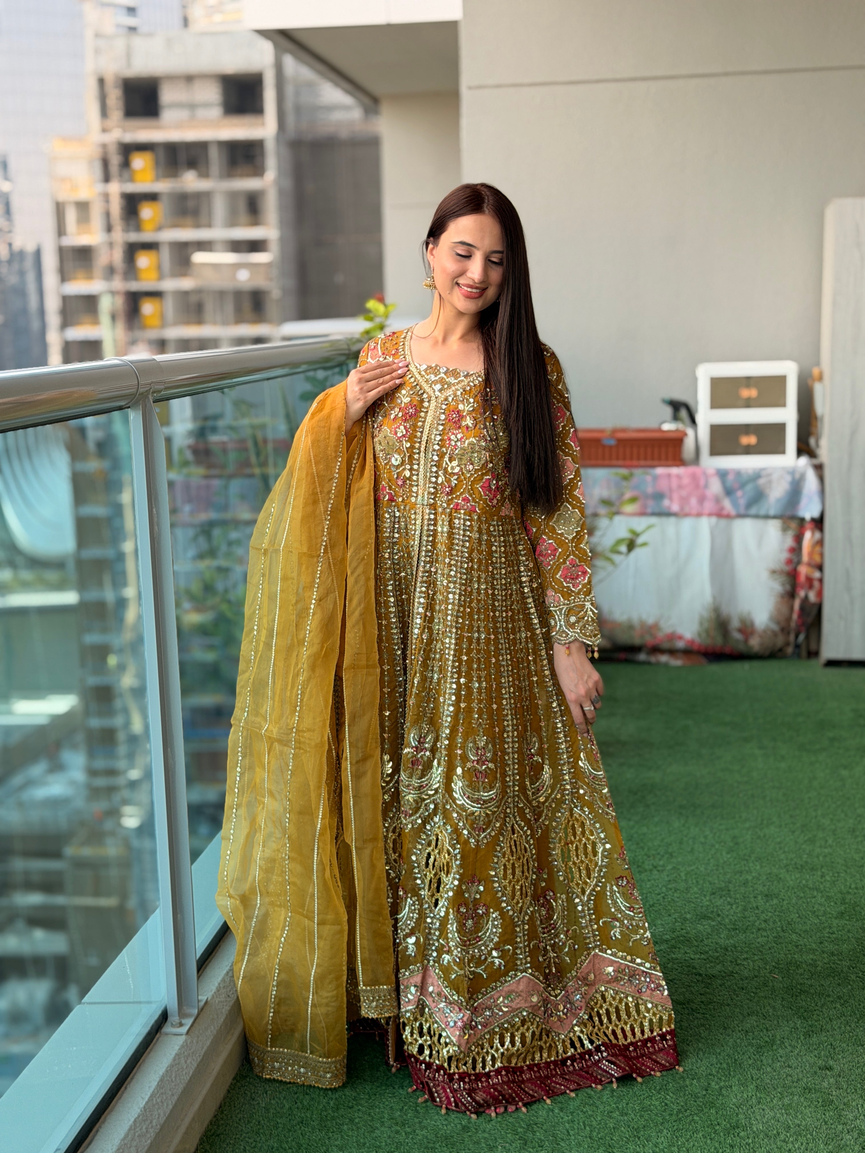 Mustard Gold Heavy Embellished Anarkali