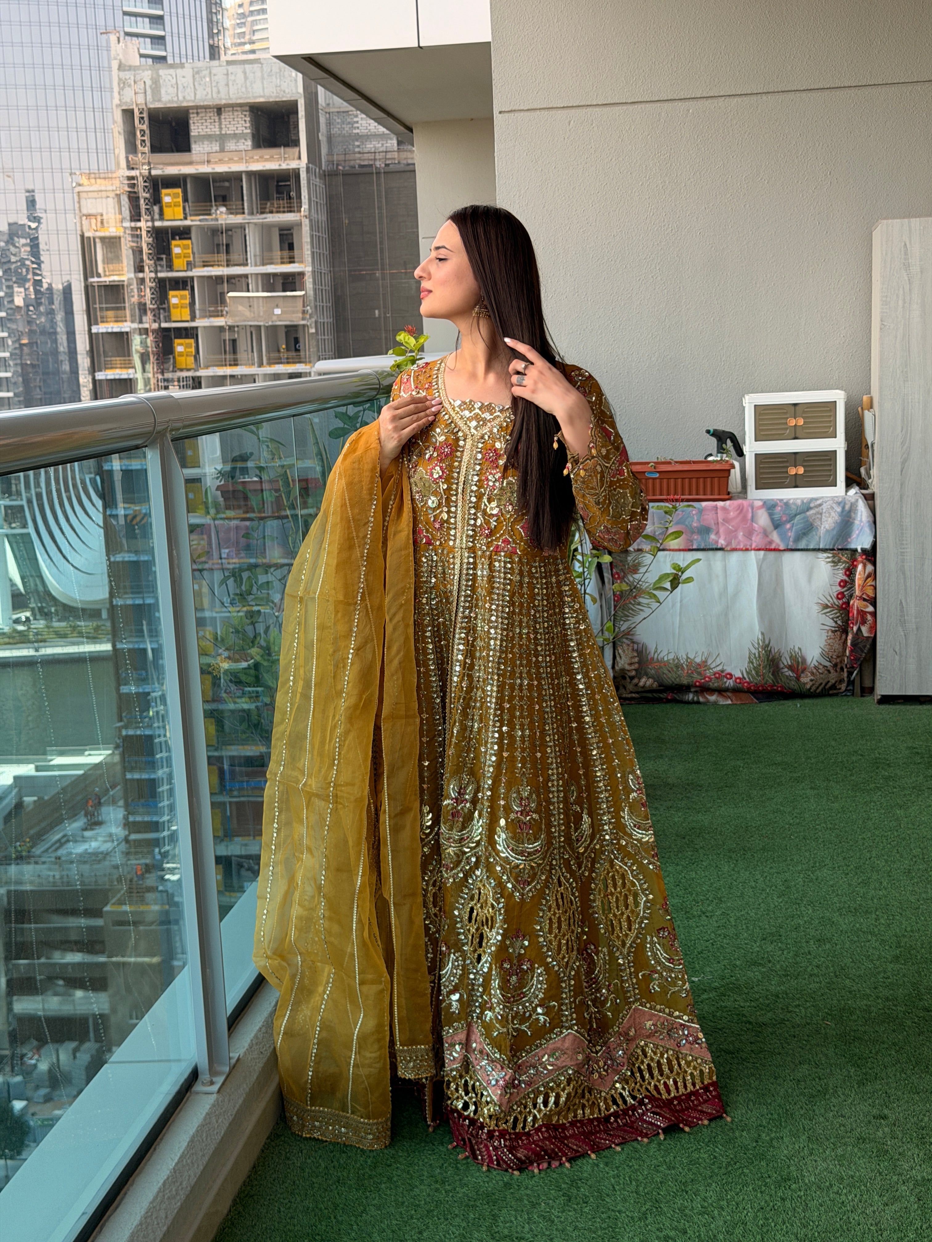 Mustard Gold Heavy Embellished Anarkali