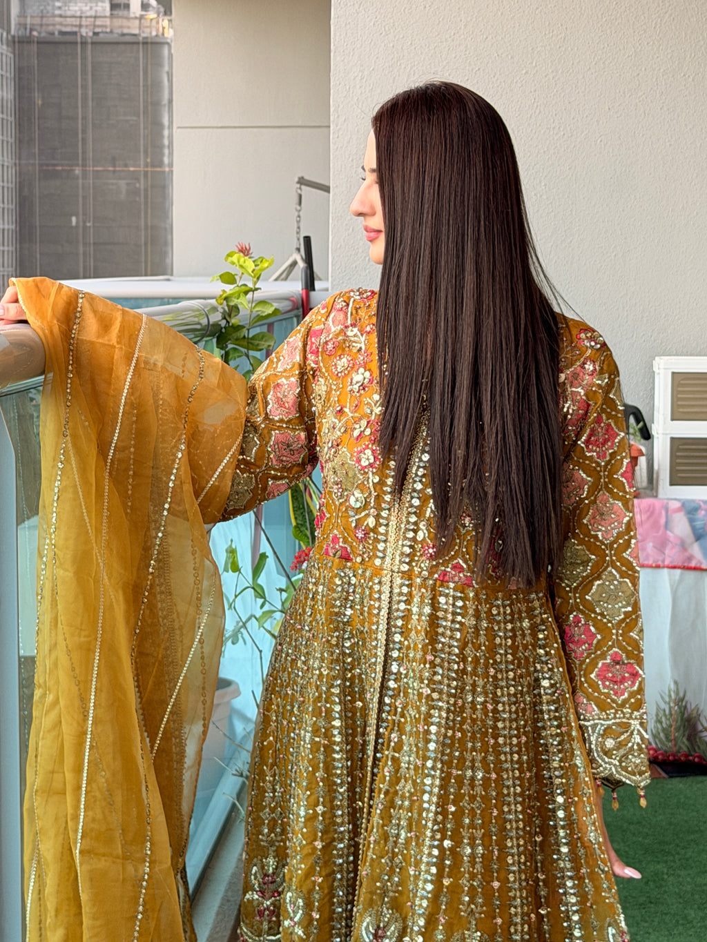 Mustard Gold Heavy Embellished Anarkali