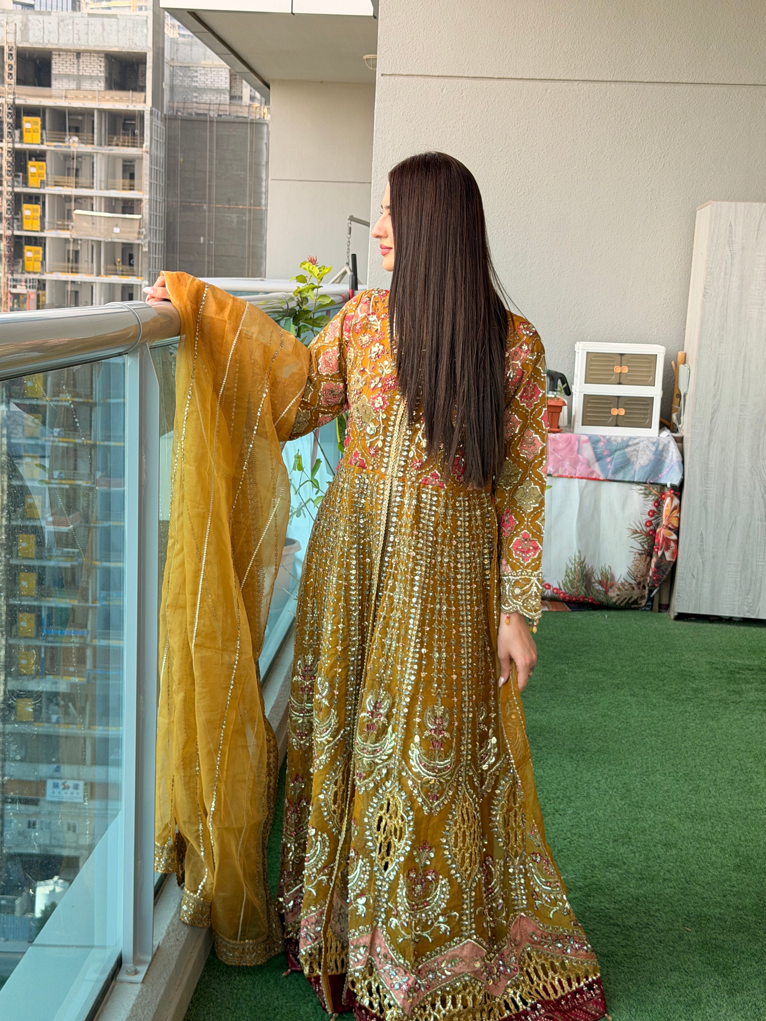 Mustard Gold Heavy Embellished Anarkali