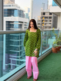 Green Floral Kurti with Pink Farshi Shalwar