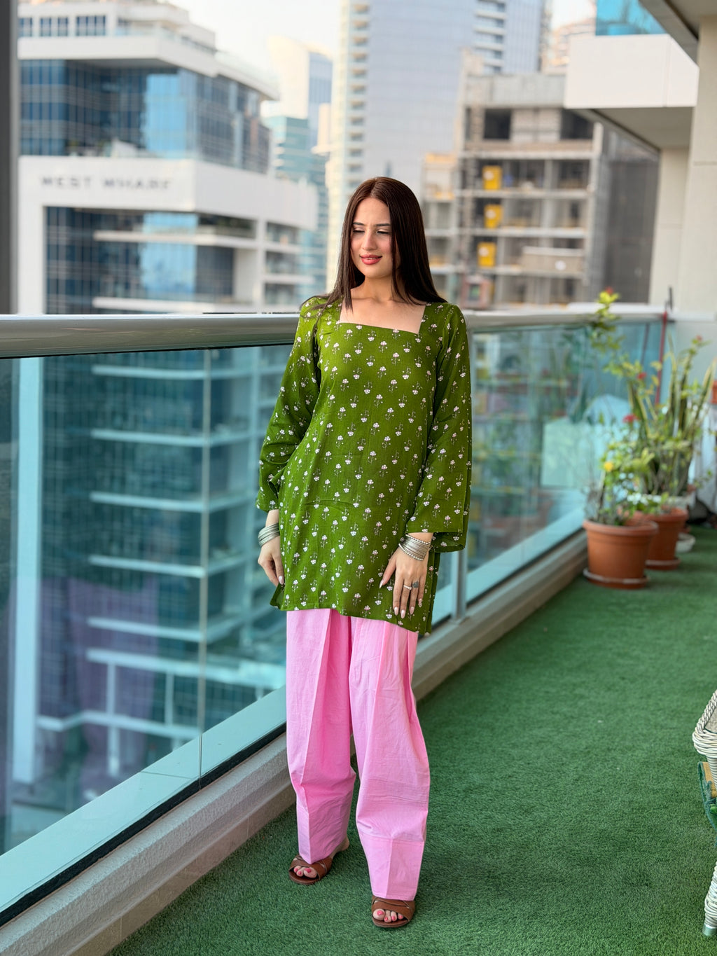 Green Floral Kurti with Pink Farshi Shalwar