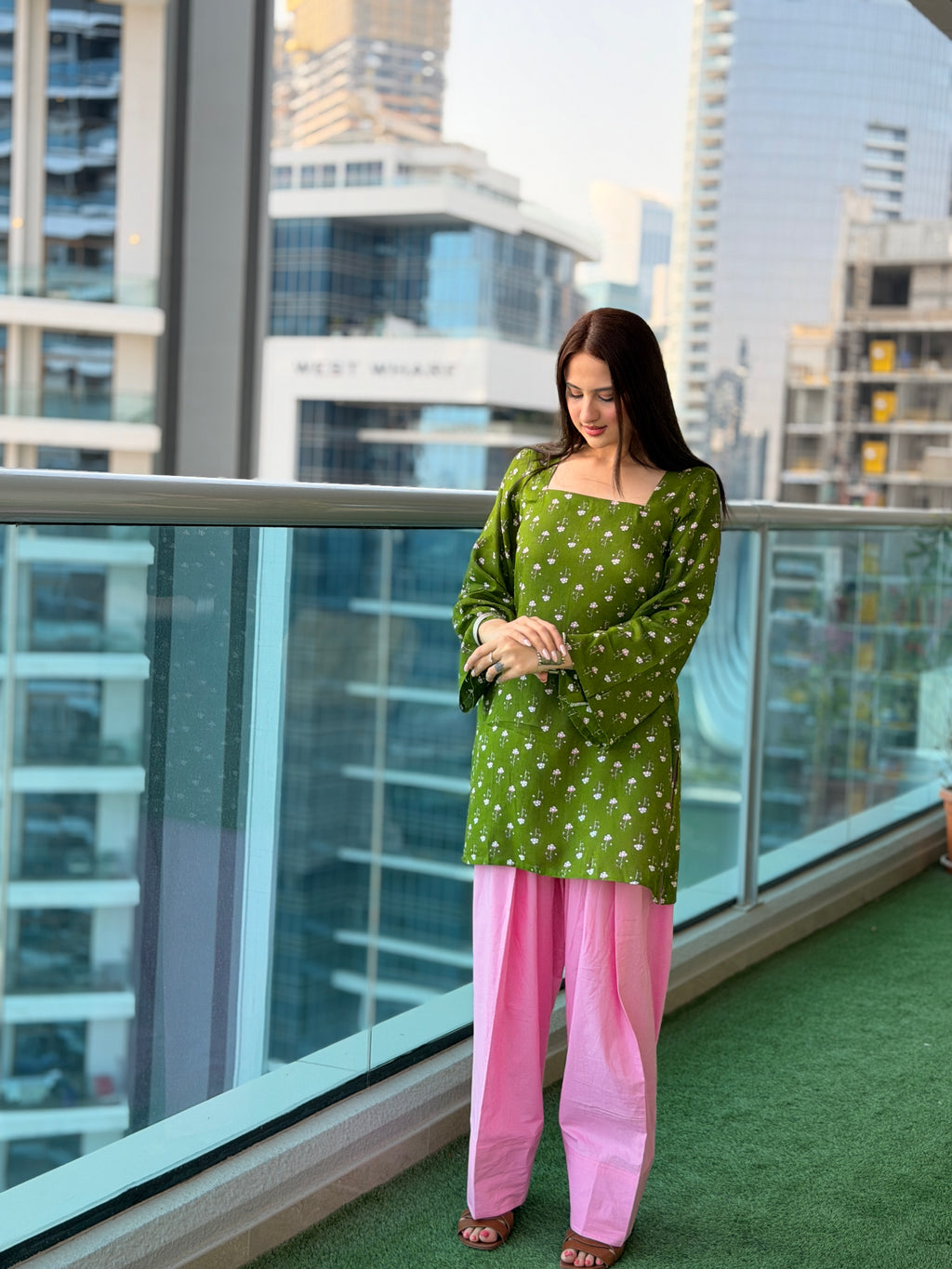 Green Floral Kurti with Pink Farshi Shalwar