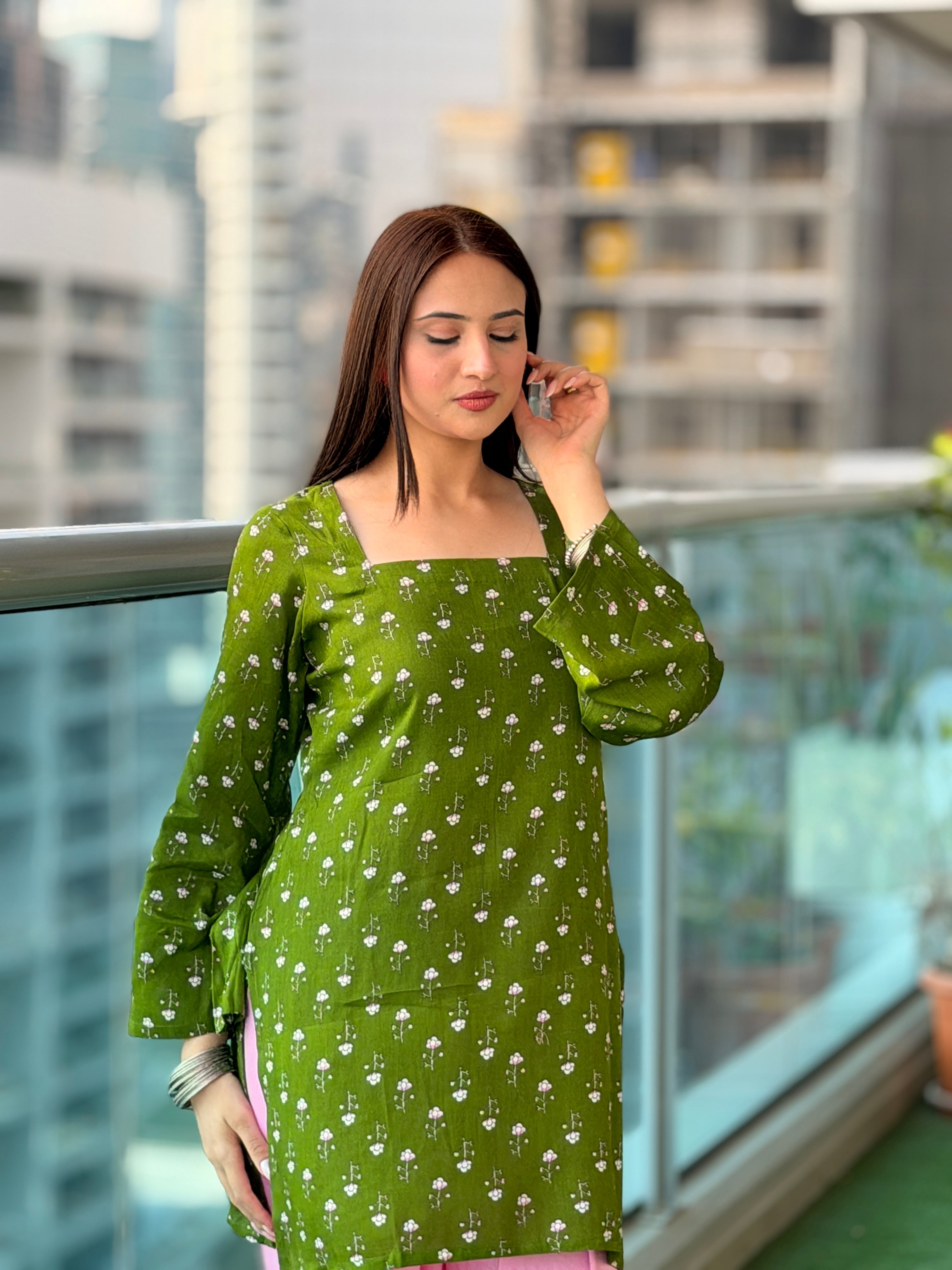 Green Floral Kurti with Pink Farshi Shalwar