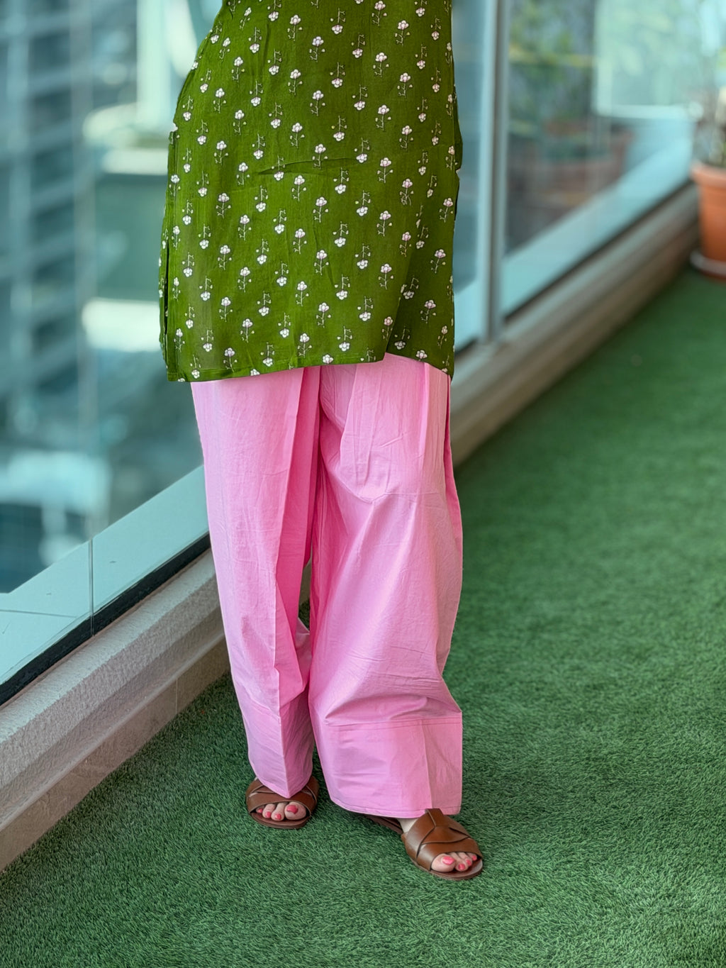 Green Floral Kurti with Pink Farshi Shalwar