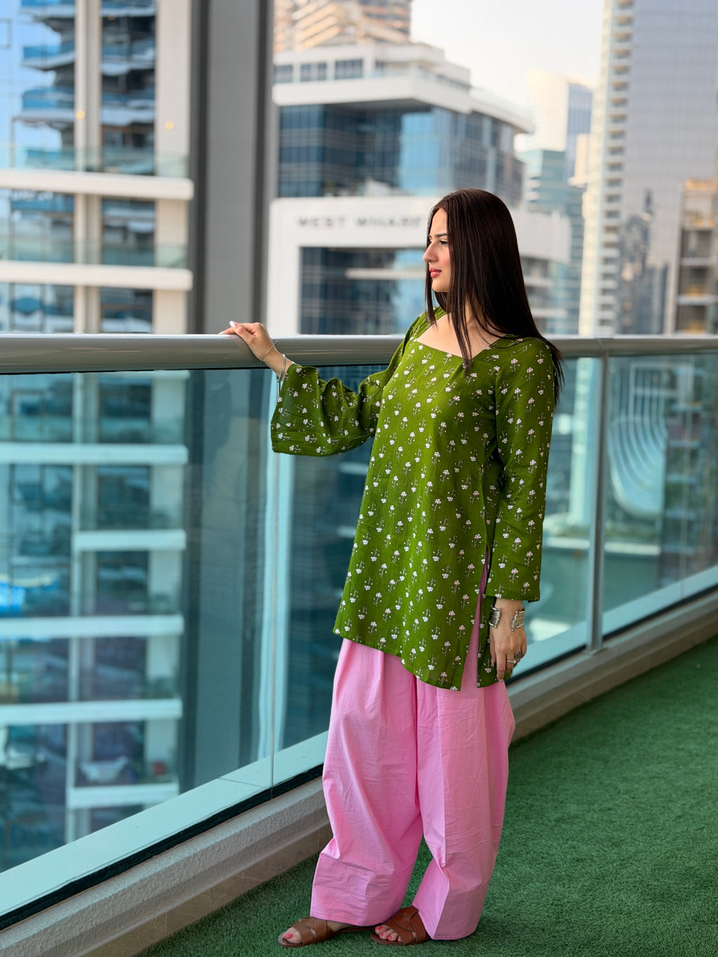 Green Floral Kurti with Pink Farshi Shalwar