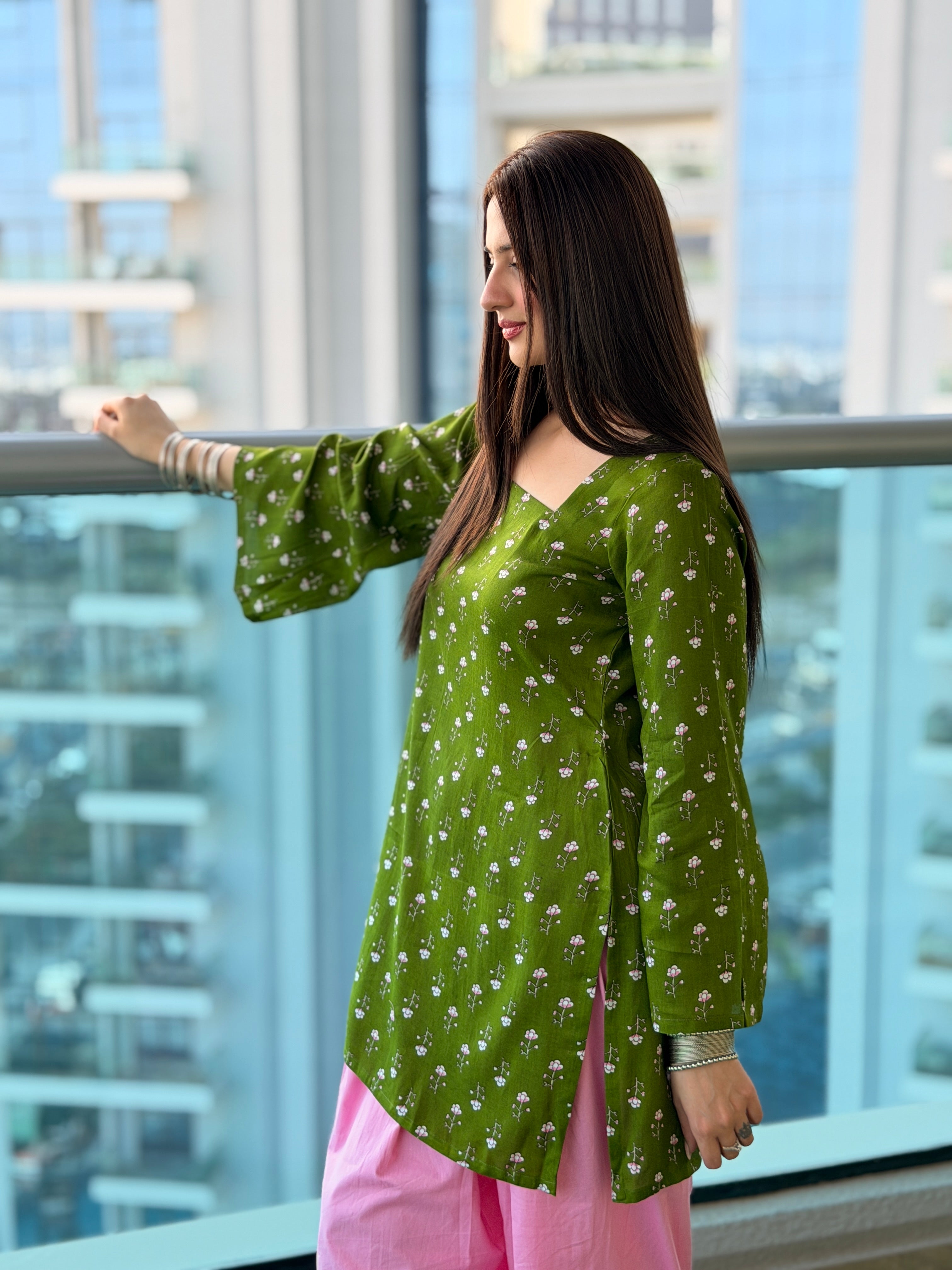 Green Floral Kurti with Pink Farshi Shalwar