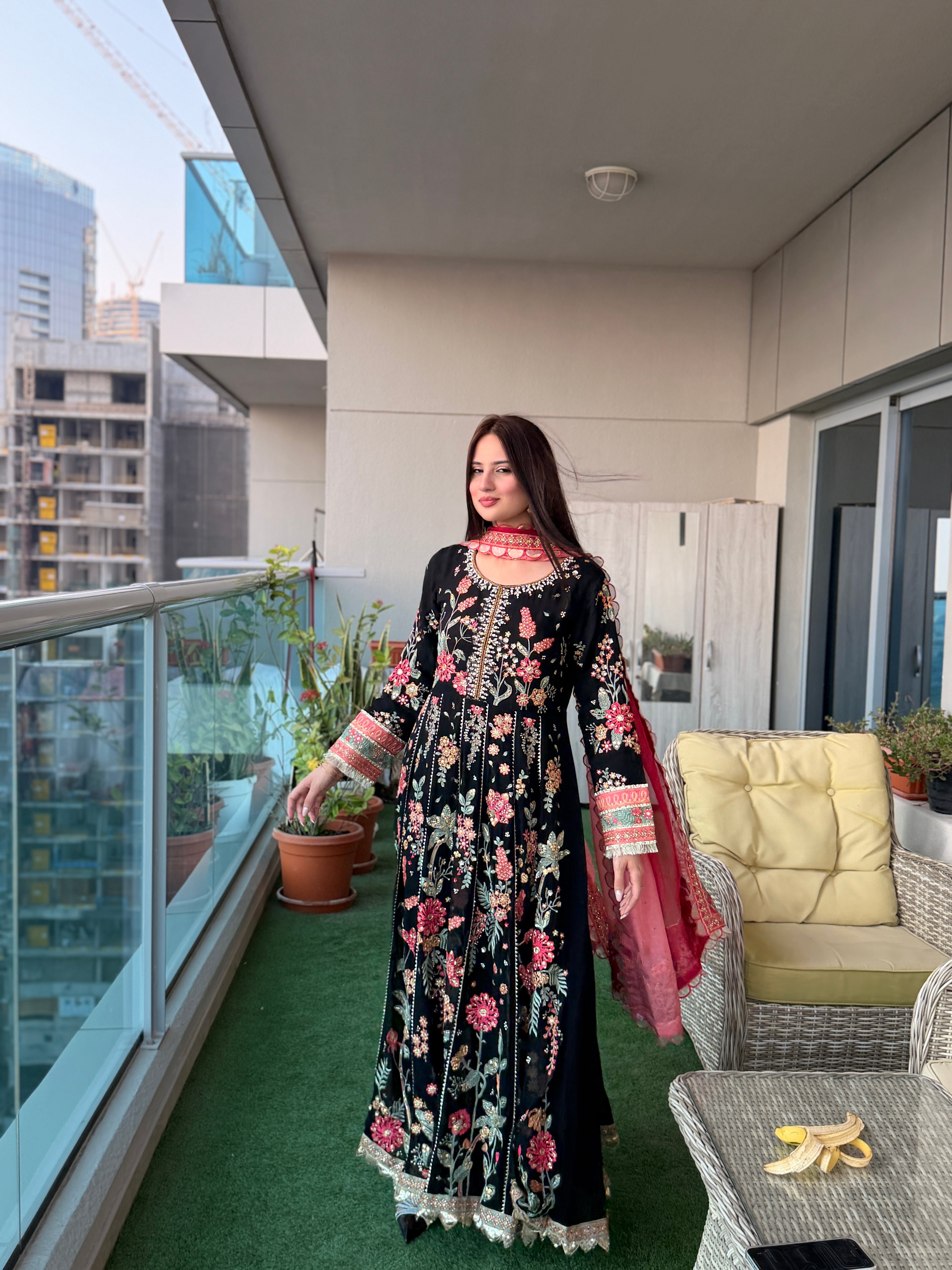 Black Floral Embroidered Anarkali