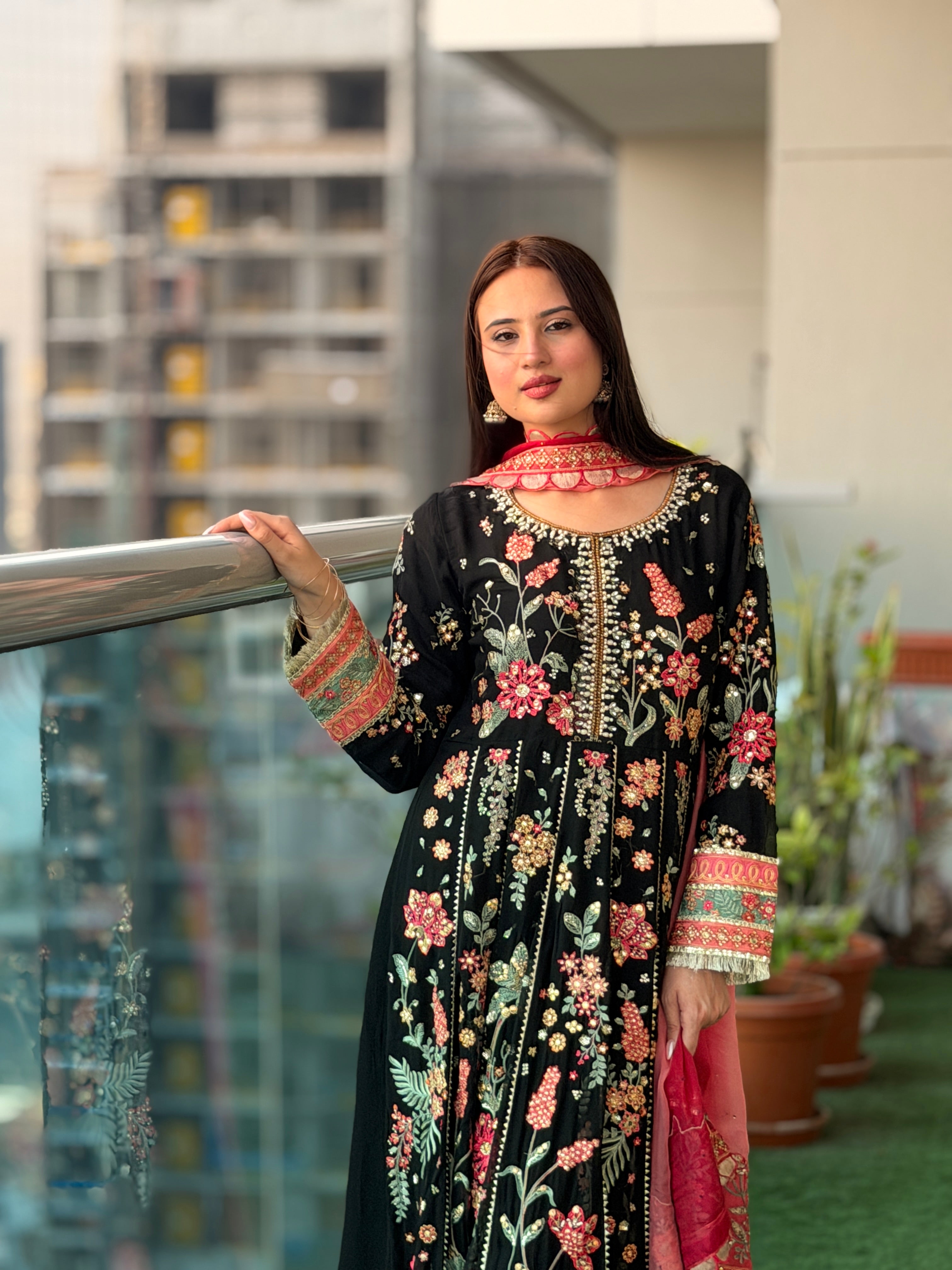 Black Floral Embroidered Anarkali